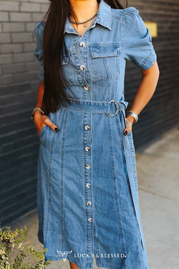Mid Wash Concho Button Down Belted Collared Denim Dress
