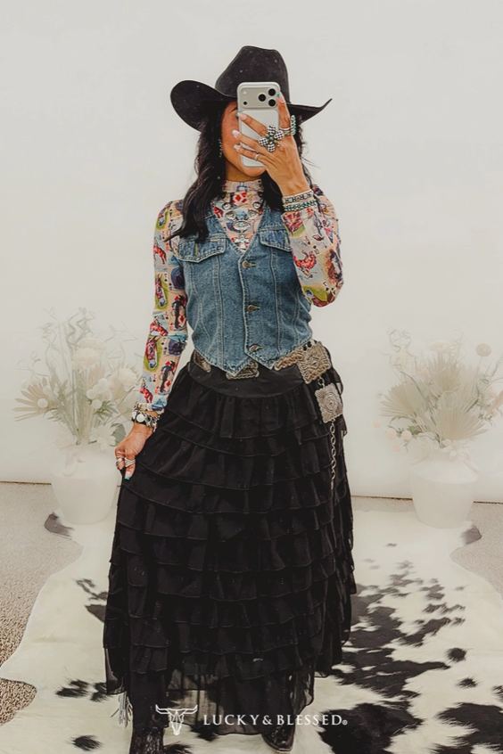 Black Ruffle Multi Tier Maxi High Waisted Skirt