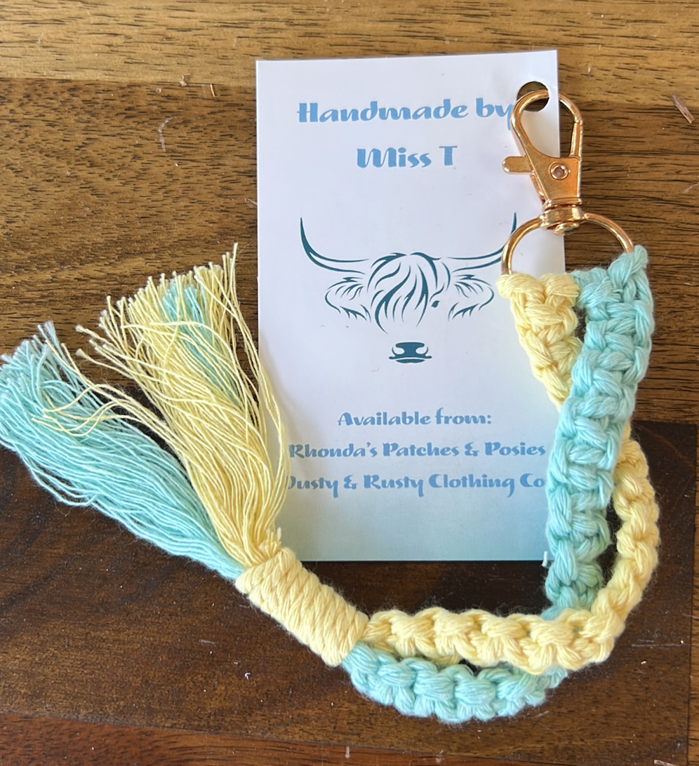 Handmade Macrame Keyring - Pale Blue & Lemon