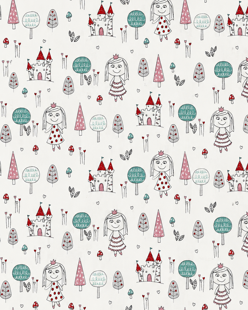 A repeating whimsical pattern on a light warm background featuring hand-drawn girls, trees, houses, and small decorative motifs in muted teal, pink, gray, and red.