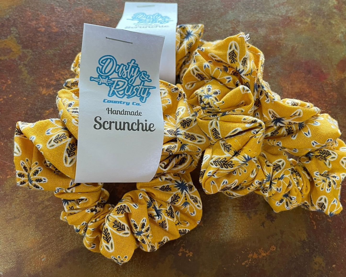Mustard Blue Floral Scrunchie