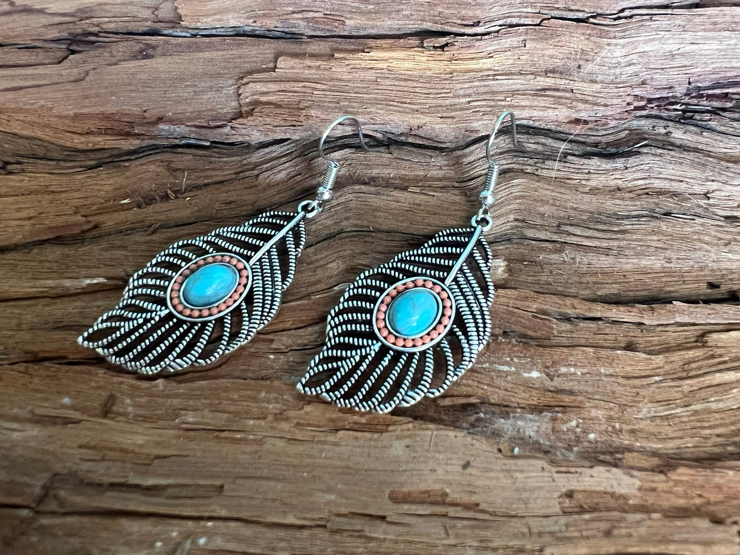 Turquoise & Rust Feather Earrings