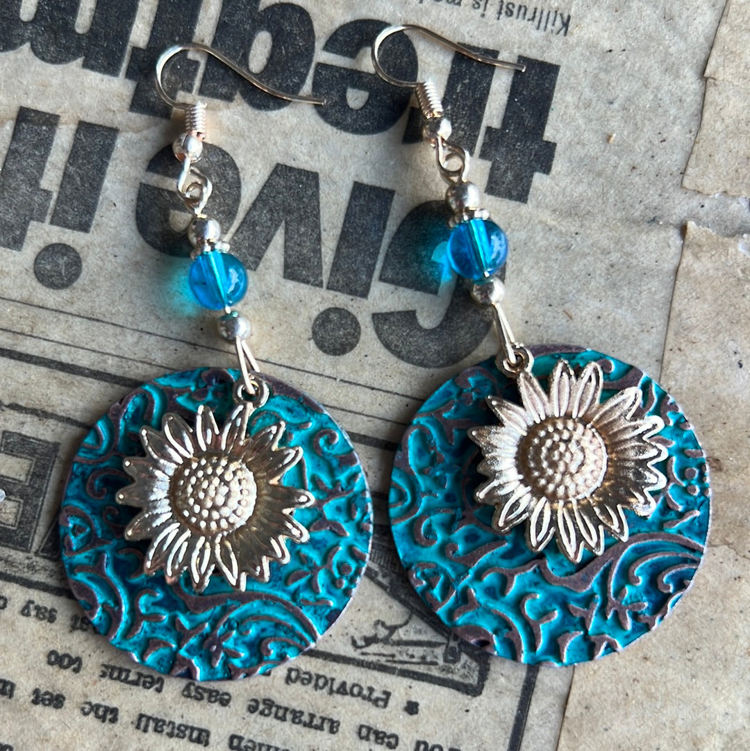 Turquoise & Gold Sunflower earrings- 031