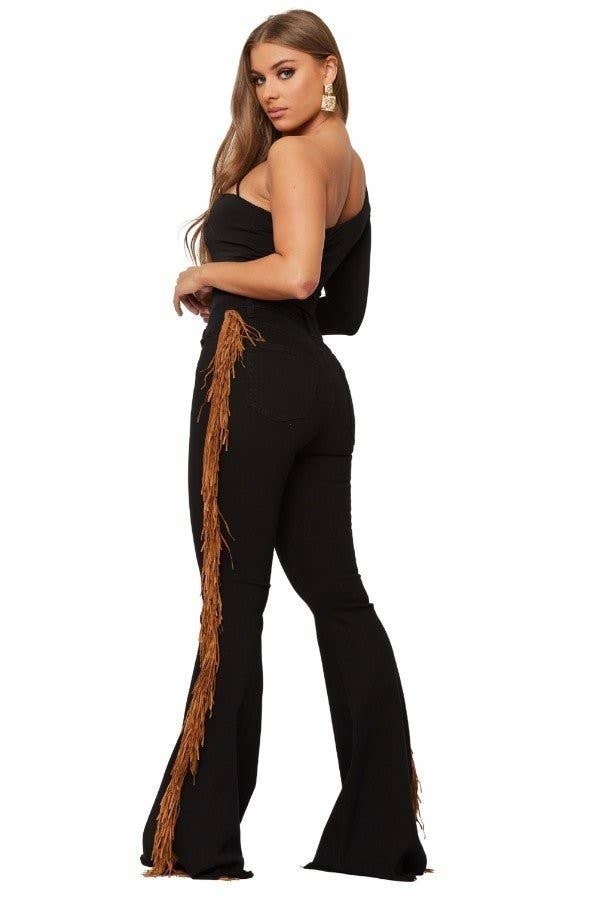 Fringe Bell Bottom Jean in Black Denim