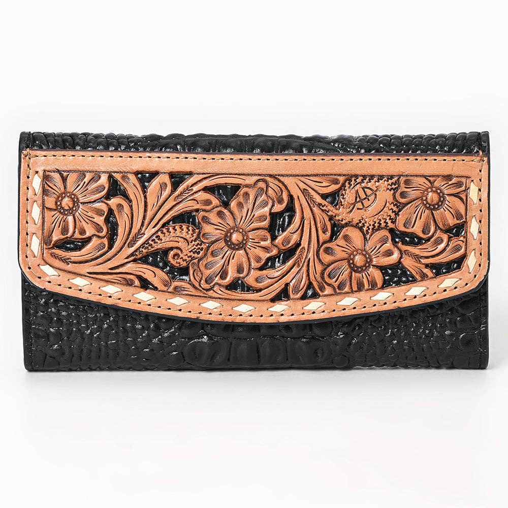 ADBG1745 Tooled Leather Floral Wallet Black Croc Embossed Base with Tan Hand-Carved Overlay
