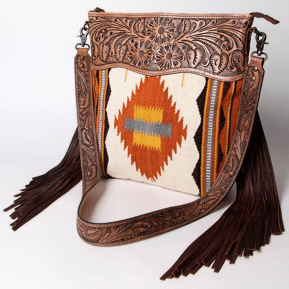 Tooled Leather & Saddle Blanket Crossbody Bag Jolene Western Fringe Purse by American Darling