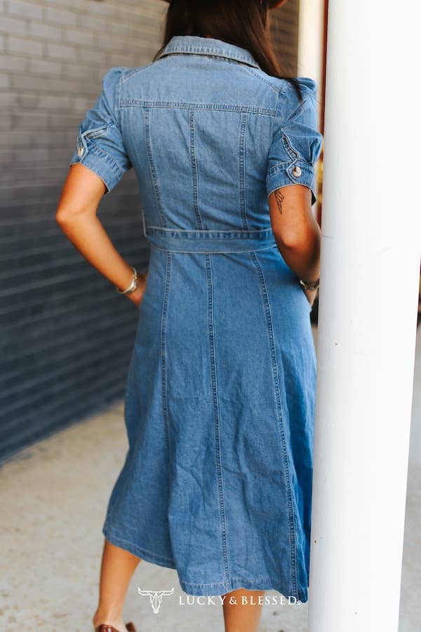 Mid Wash Concho Button Down Belted Collared Denim Dress