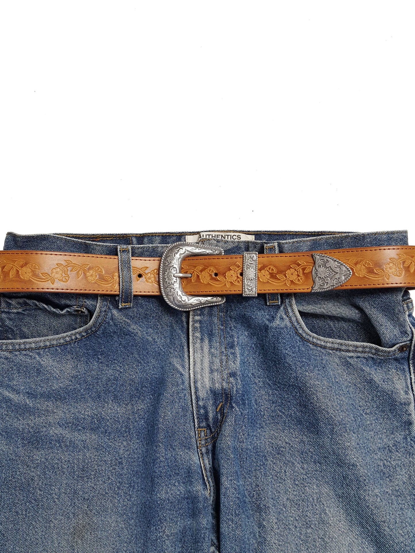 Silver Western Buckle Set w.Vintage Hand Painted Tooled Belt