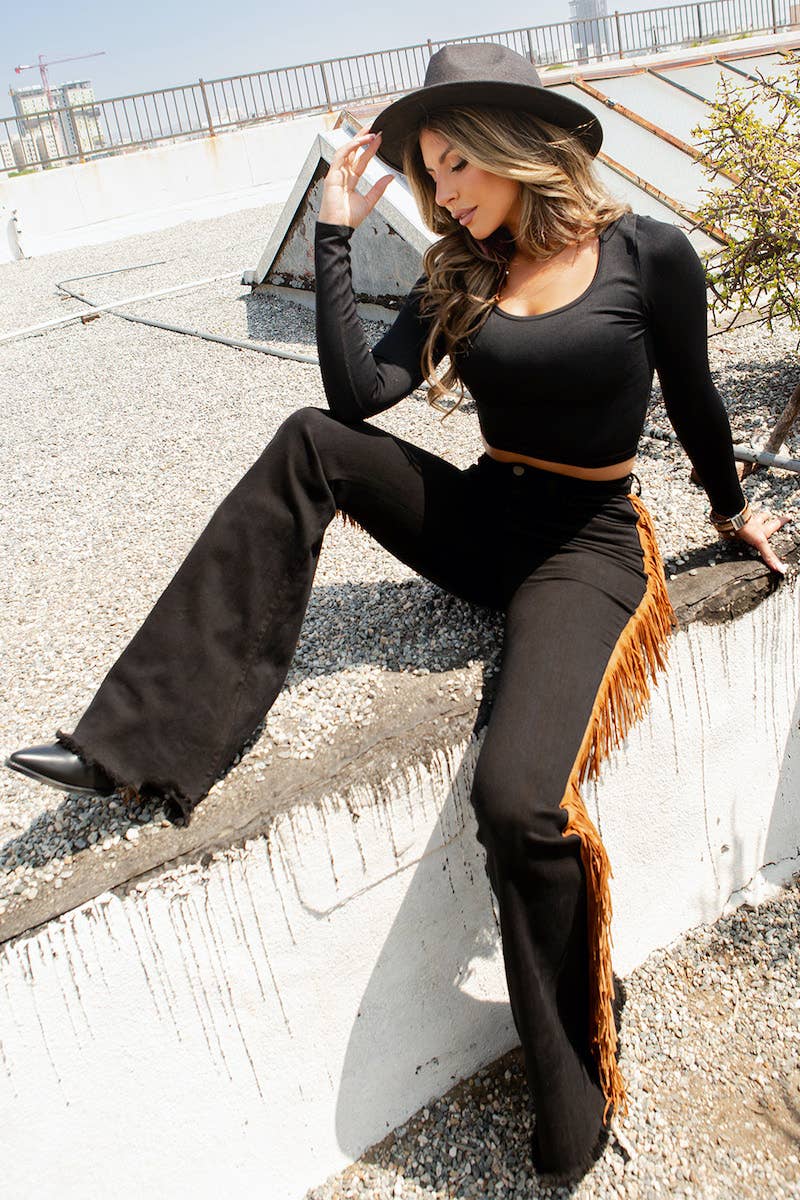 Fringe Bell Bottom Jean in Black Denim