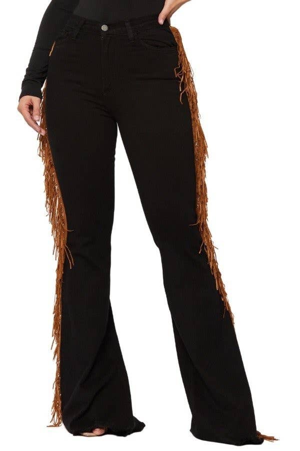 Fringe Bell Bottom Jean in Black Denim
