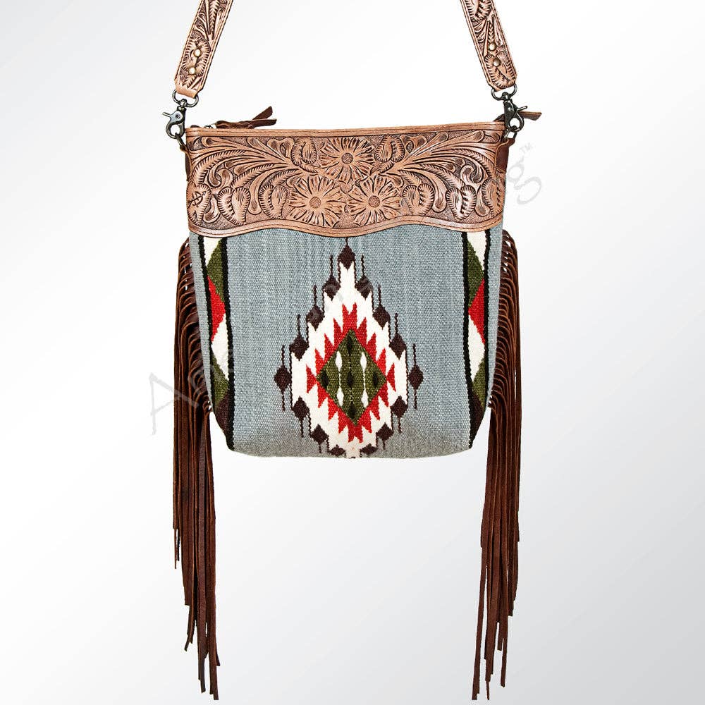 Tooled Leather & Saddle Blanket Crossbody Bag Jolene Western Fringe Purse by American Darling