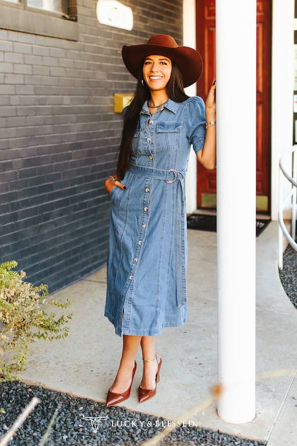 Mid Wash Concho Button Down Belted Collared Denim Dress
