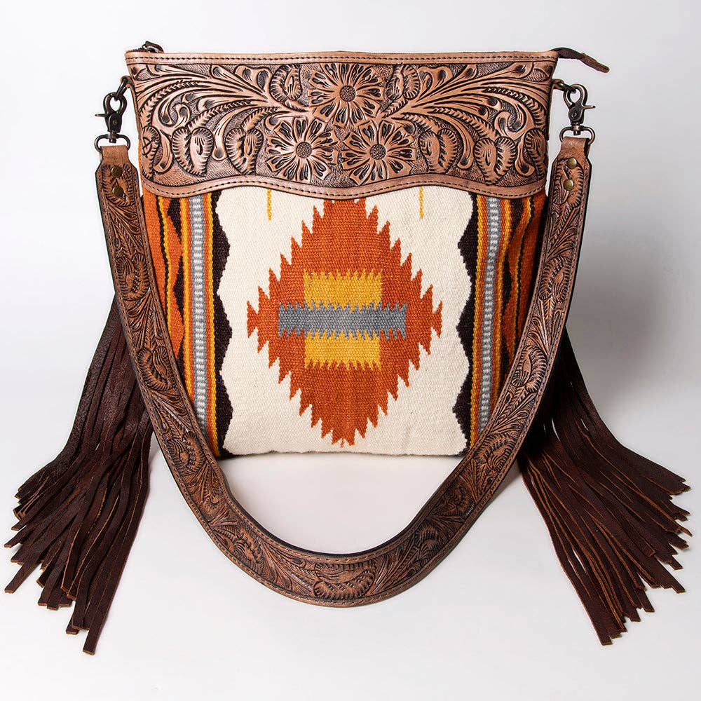 Tooled Leather & Saddle Blanket Crossbody Bag Jolene Western Fringe Purse by American Darling