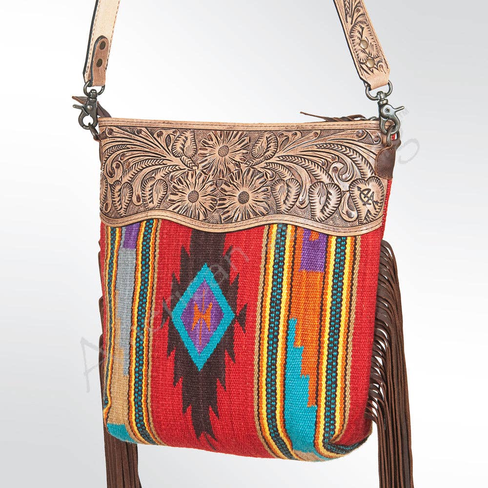 Tooled Leather & Saddle Blanket Crossbody Bag Jolene Western Fringe Purse by American Darling
