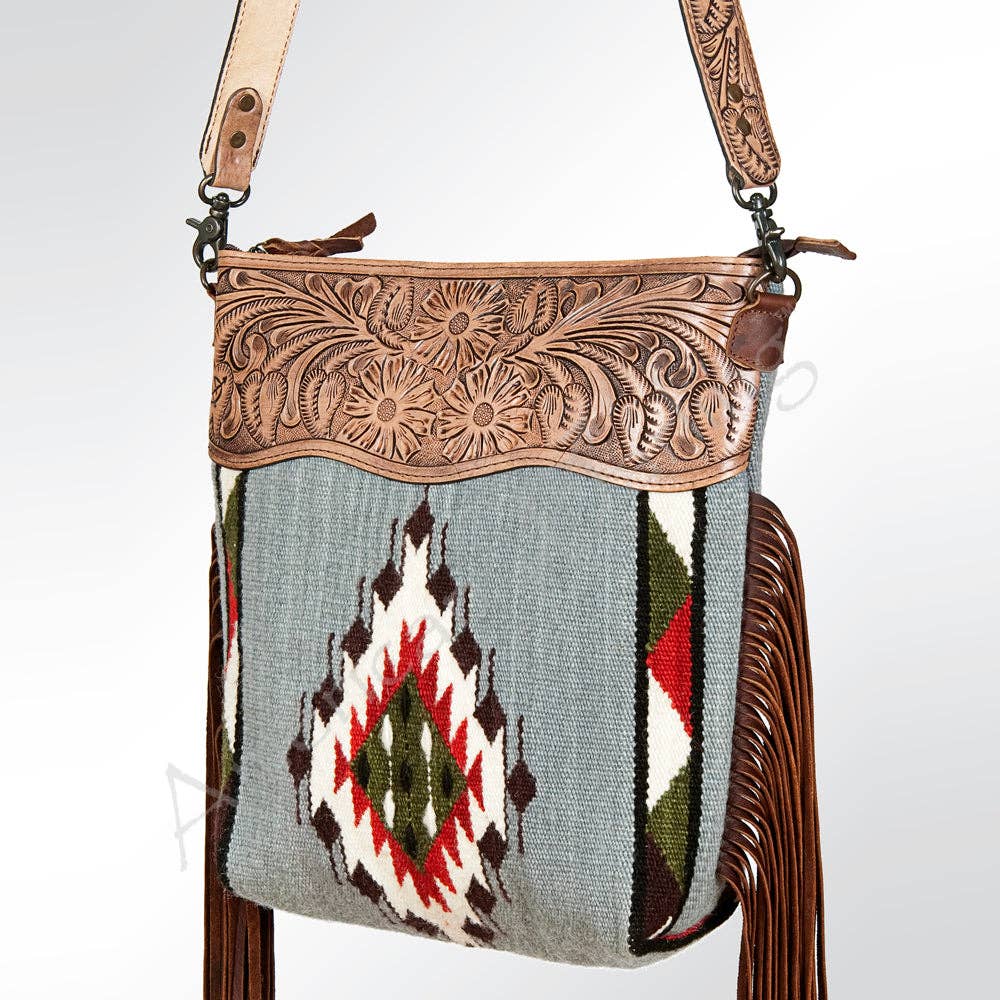 Tooled Leather & Saddle Blanket Crossbody Bag Jolene Western Fringe Purse by American Darling