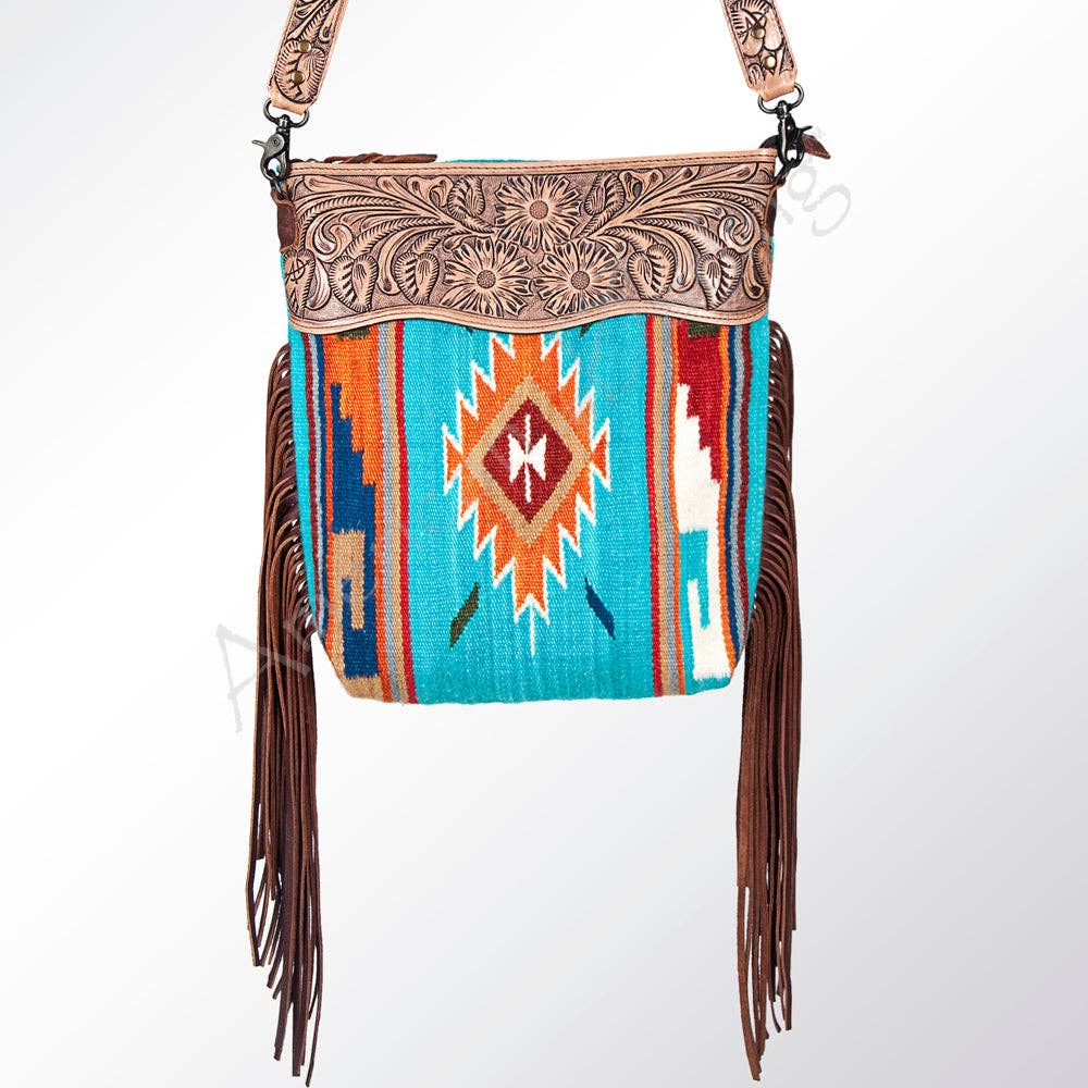Tooled Leather & Saddle Blanket Crossbody Bag Jolene Western Fringe Purse by American Darling