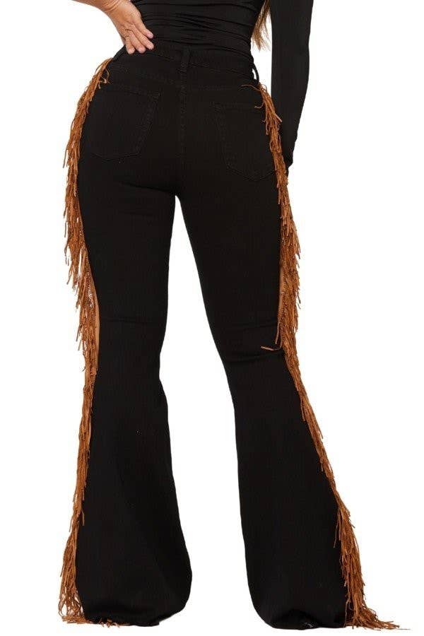Fringe Bell Bottom Jean in Black Denim