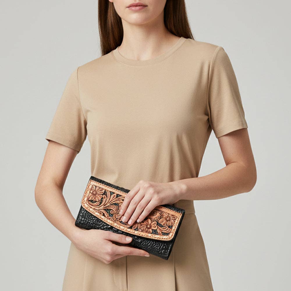 ADBG1745 Tooled Leather Floral Wallet Black Croc Embossed Base with Tan Hand-Carved Overlay