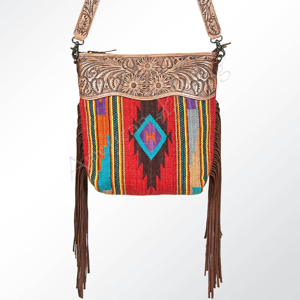 Tooled Leather & Saddle Blanket Crossbody Bag Jolene Western Fringe Purse by American Darling