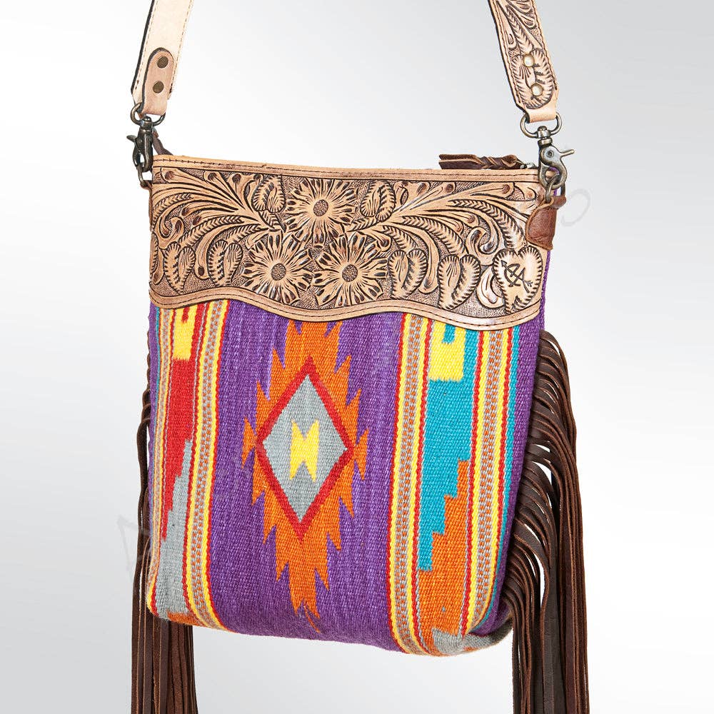 Tooled Leather & Saddle Blanket Crossbody Bag Jolene Western Fringe Purse by American Darling