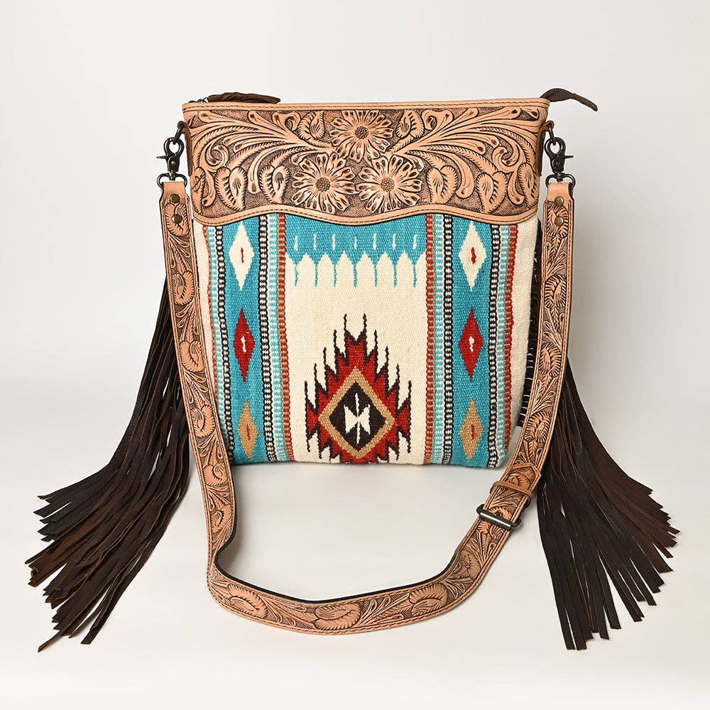Tooled Leather & Saddle Blanket Crossbody Bag Jolene Western Fringe Purse by American Darling