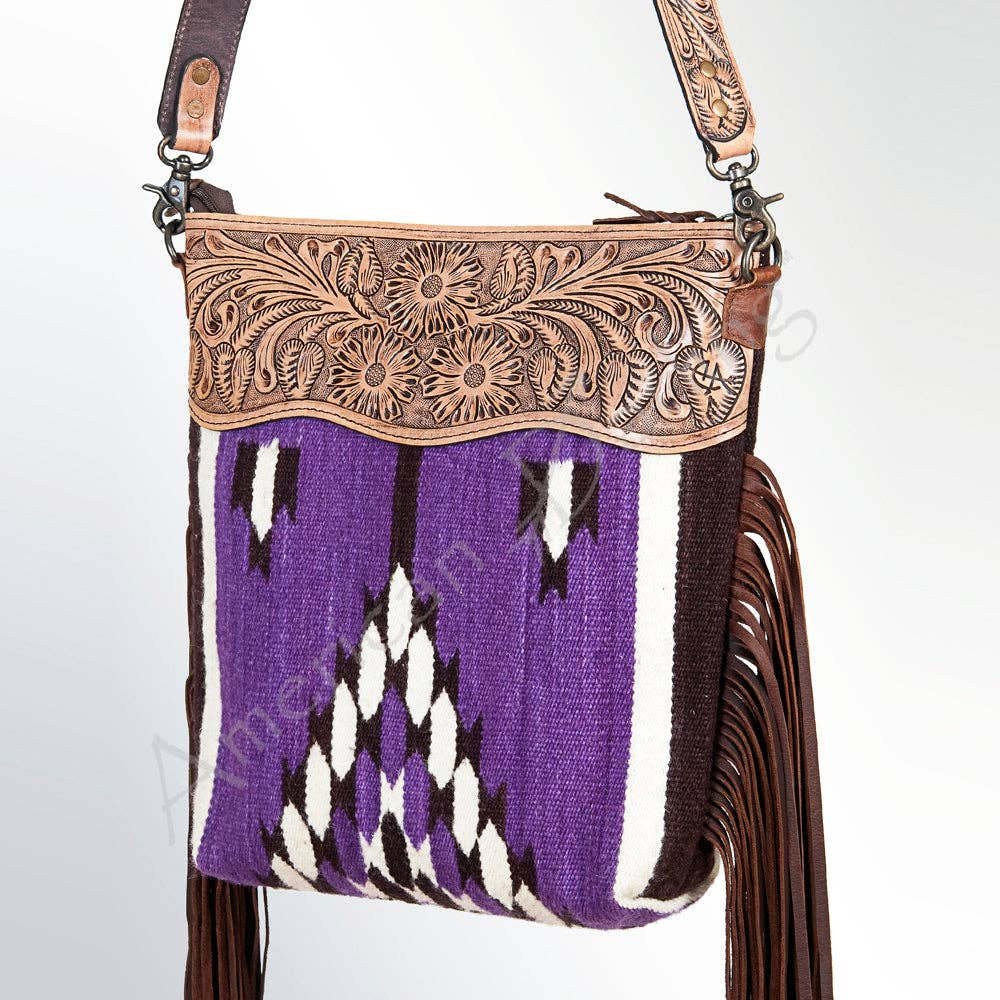 Tooled Leather & Saddle Blanket Crossbody Bag Jolene Western Fringe Purse by American Darling