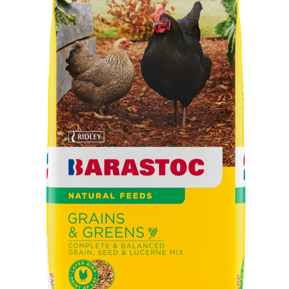 Bag of Barastoc Grains & Greens chicken feed with chickens on a label
