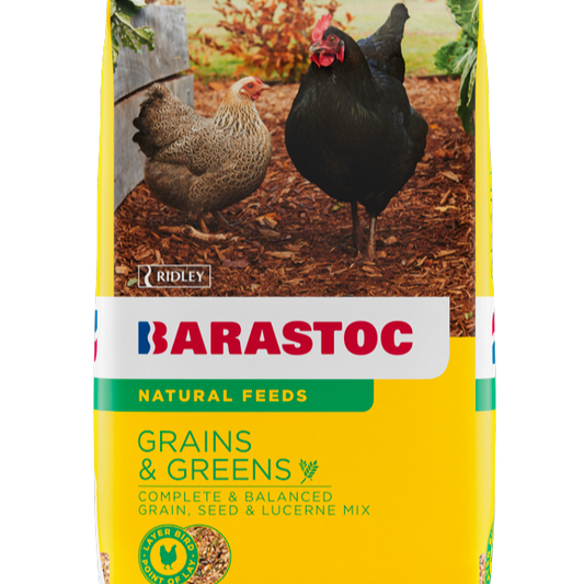 Bag of Barastoc Grains & Greens chicken feed with chickens on a label