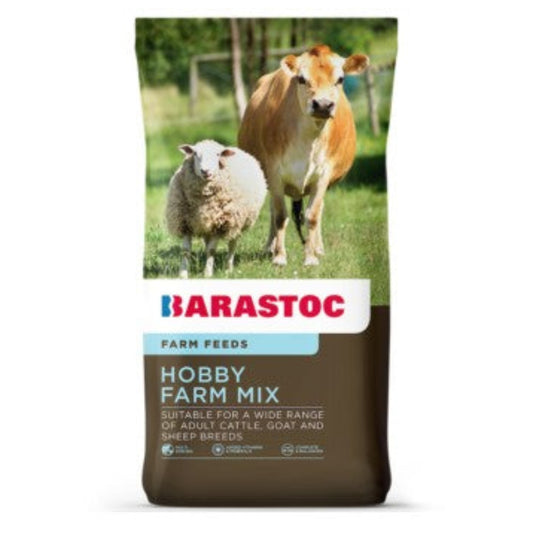 Barastoc Hobby Farm Mix feed bag with a cow and sheep on a grassy field background