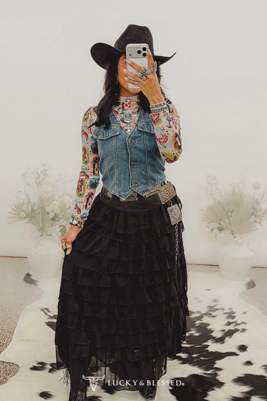Black Ruffle Multi Tier Maxi High Waisted Skirt