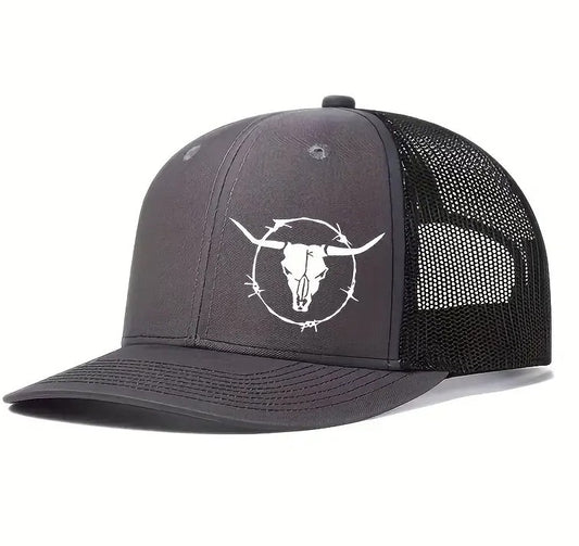 Grey Bull Head Barb Trucker Cap