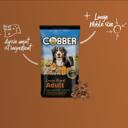 Cobber dog food package on a brown background