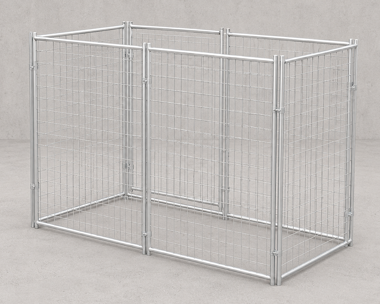 A modular silver metal wire mesh pet pen or enclosure with three connected panels, shown on a neutral gray concrete floor and wall background.