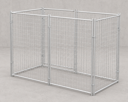 A modular silver metal wire mesh pet pen or enclosure with three connected panels, shown on a neutral gray concrete floor and wall background.