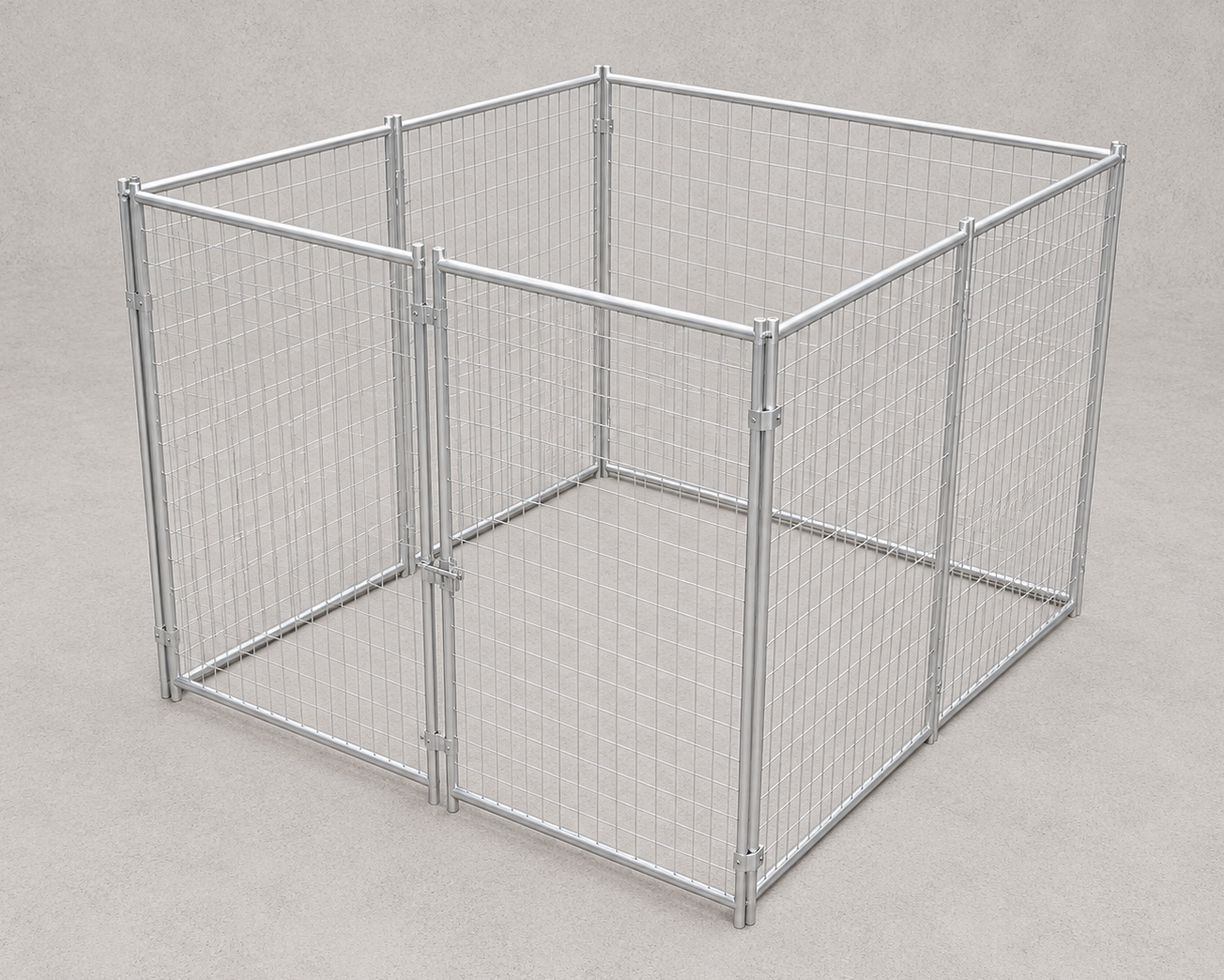 A silver metal wire mesh pet enclosure with hinged panels, shown assembled on a neutral gray background.