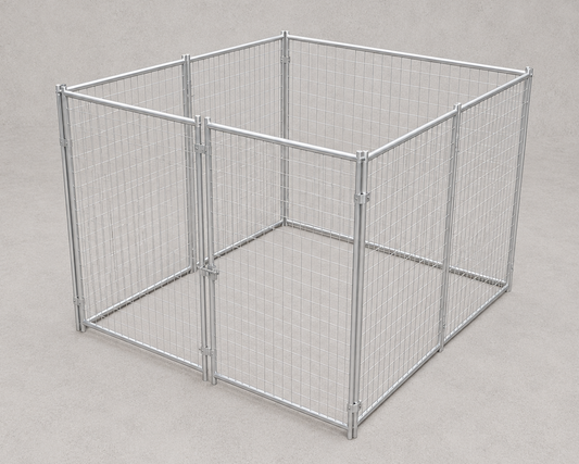 A silver metal wire mesh pet enclosure with hinged panels, shown assembled on a neutral gray background.