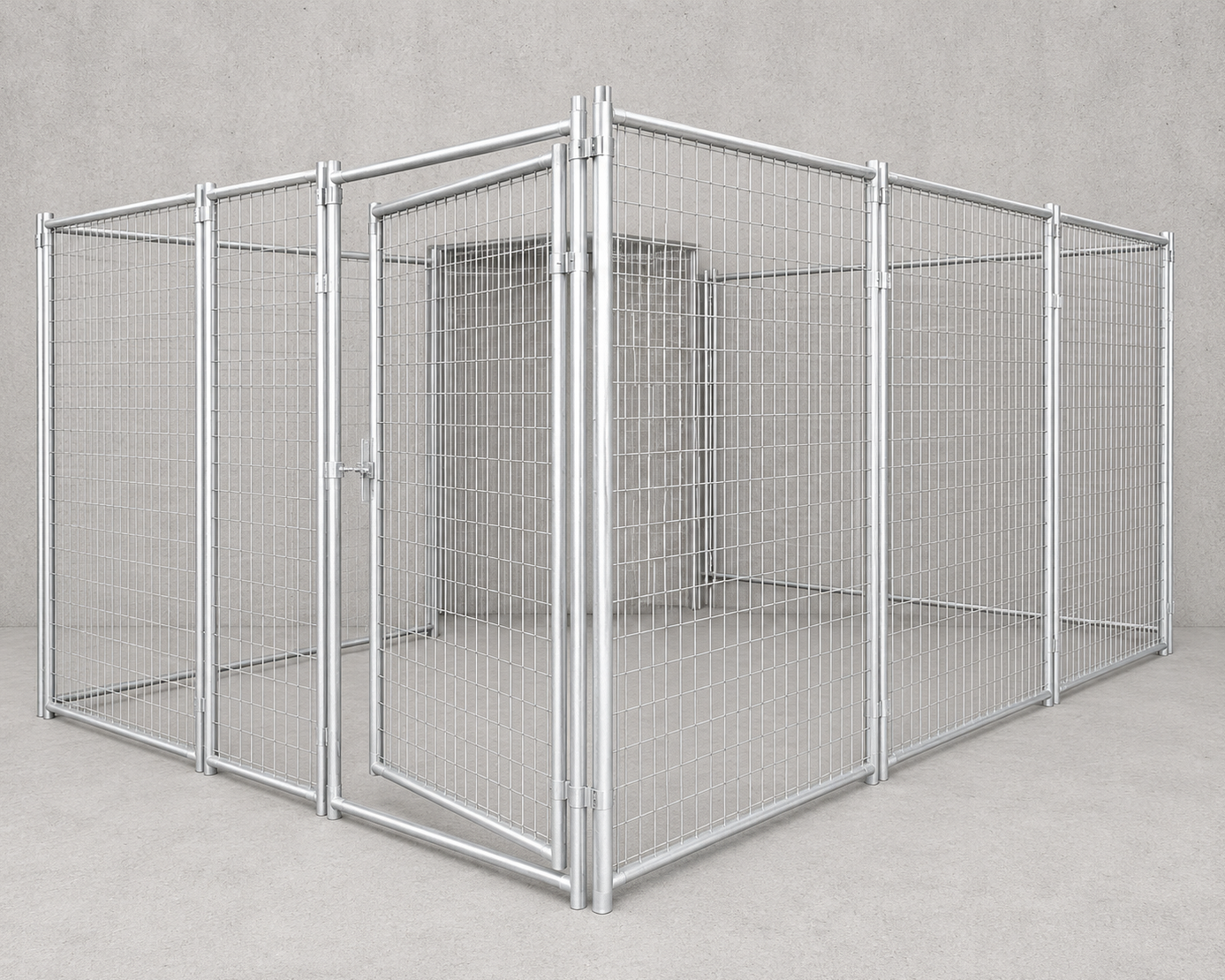 A silver metal dog kennel with wire mesh panels and a hinged door, shown in a clean studio setting with a gray concrete-textured background.