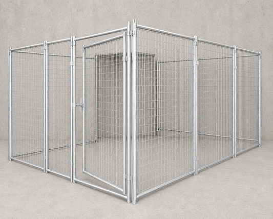 A silver metal dog kennel with wire mesh panels and a hinged door, shown in a clean studio setting with a gray concrete-textured background.