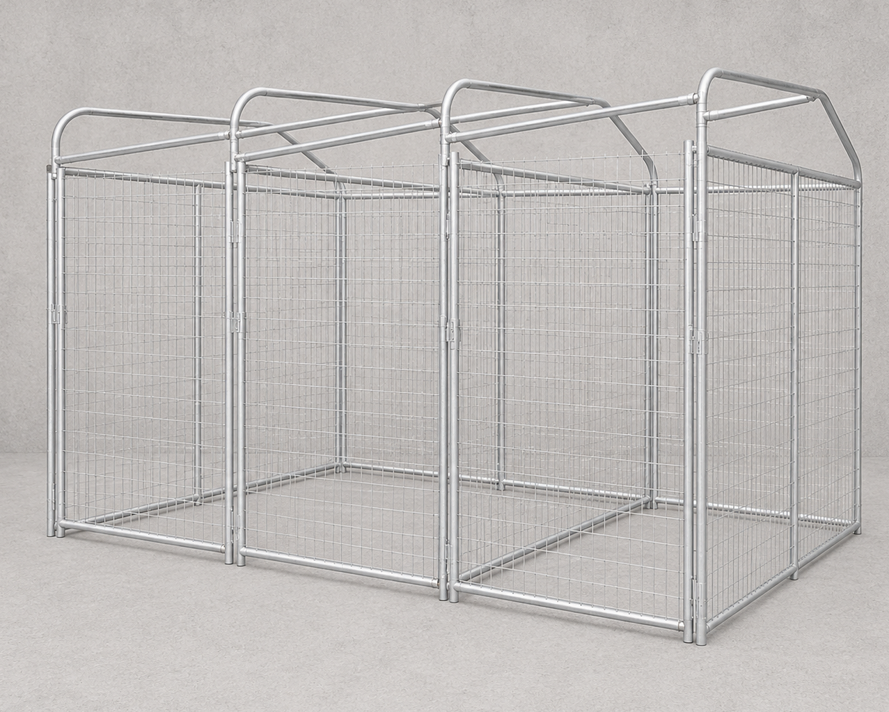 A silver metal wire mesh kennel or dog enclosure with a hipped roof and integrated handle, shown against a neutral gray concrete-textured background.