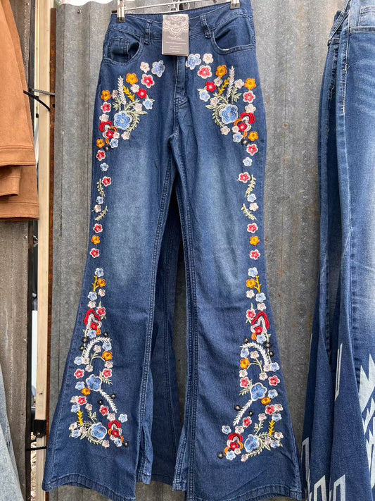Indigo Embroidered Flare Jeans