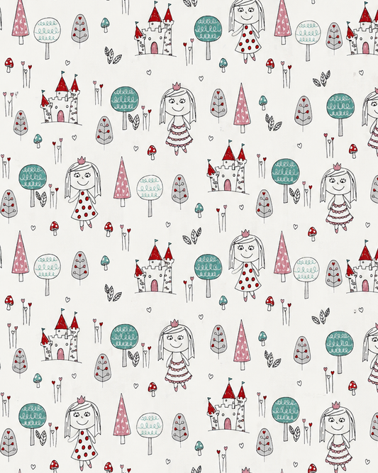 A repeating whimsical pattern on a light warm background featuring hand-drawn girls, trees, houses, and small decorative motifs in muted teal, pink, gray, and red.