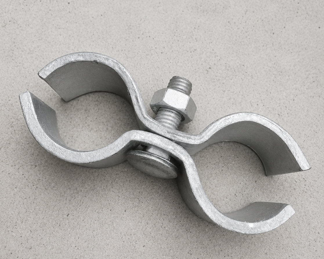 A galvanized steel double-bend pipe clamp with a central bolt, nut, and washer, shown on a textured gray background.