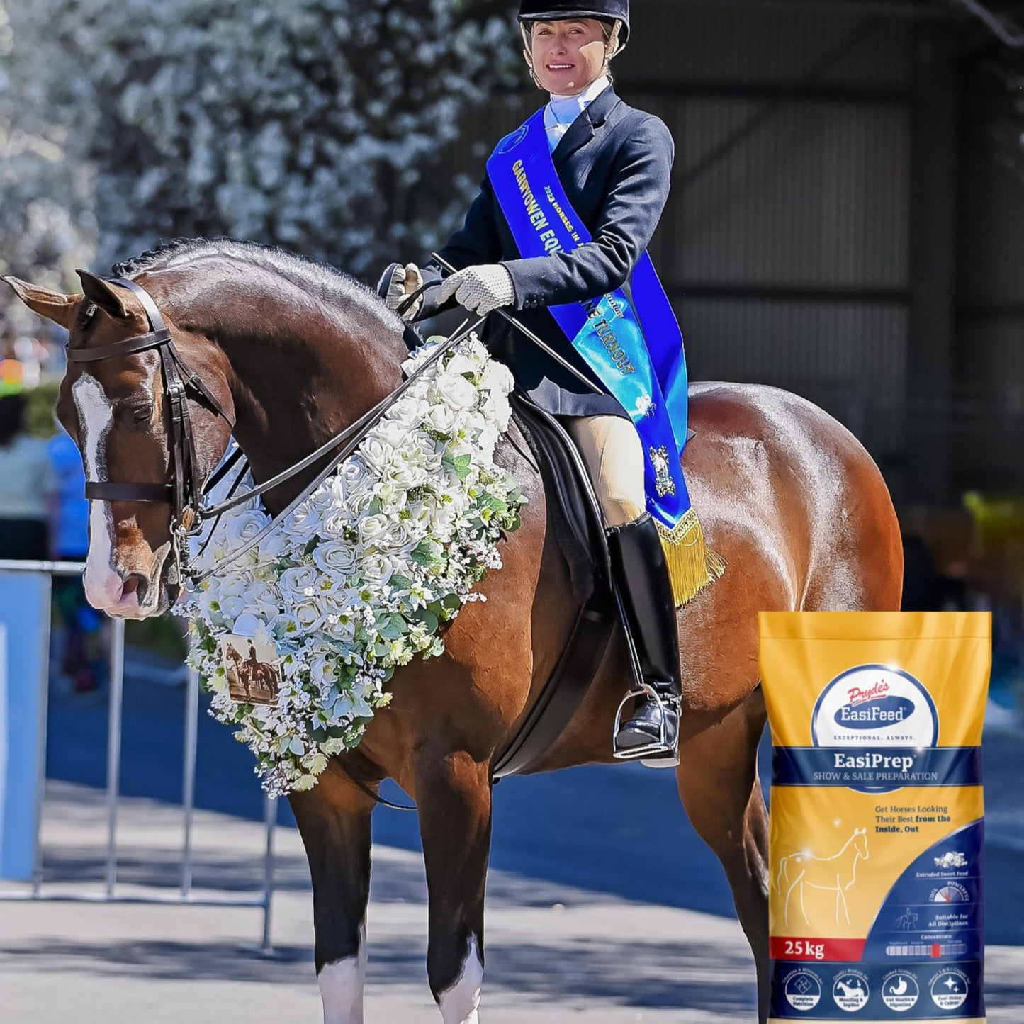 Horse rider on a decorated horse with a package of EastPrep in the foreground, featuring text 'Choose Exceptional. Always.' EasiPrep