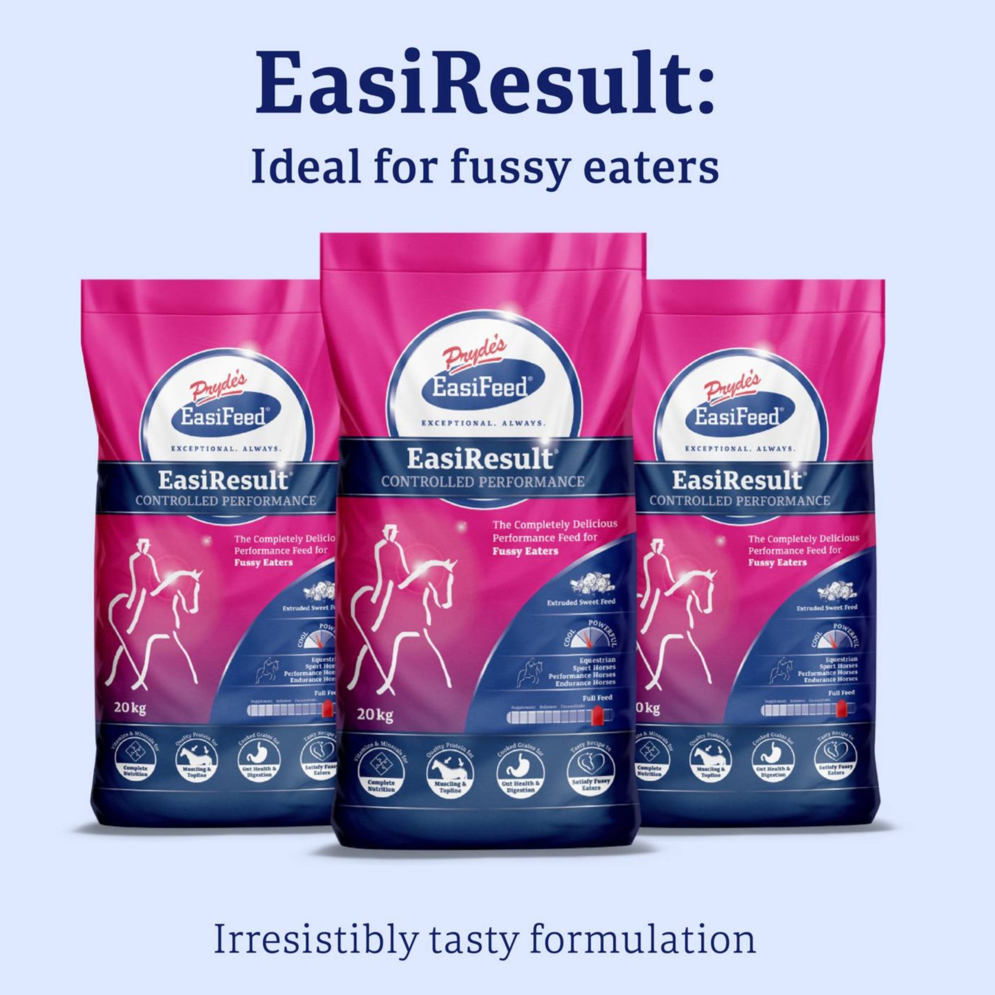 Three packages of EasiResult horse food on a light blue background
