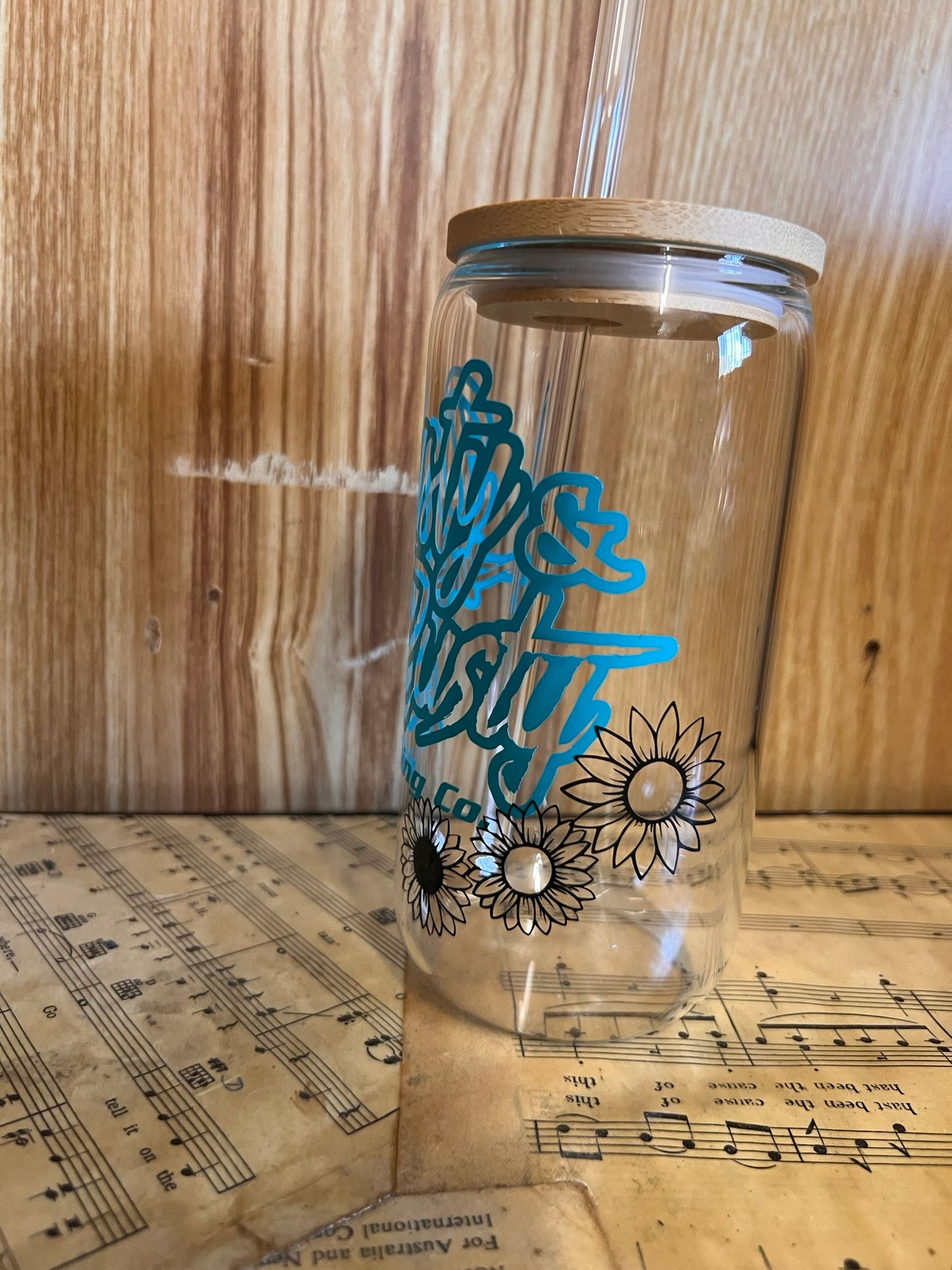 Turquoise & Sunflowers Logo - Glass Cup