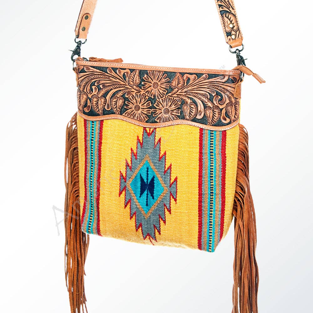 Tooled Leather & Saddle Blanket Crossbody Bag Jolene Western Fringe Purse by American Darling