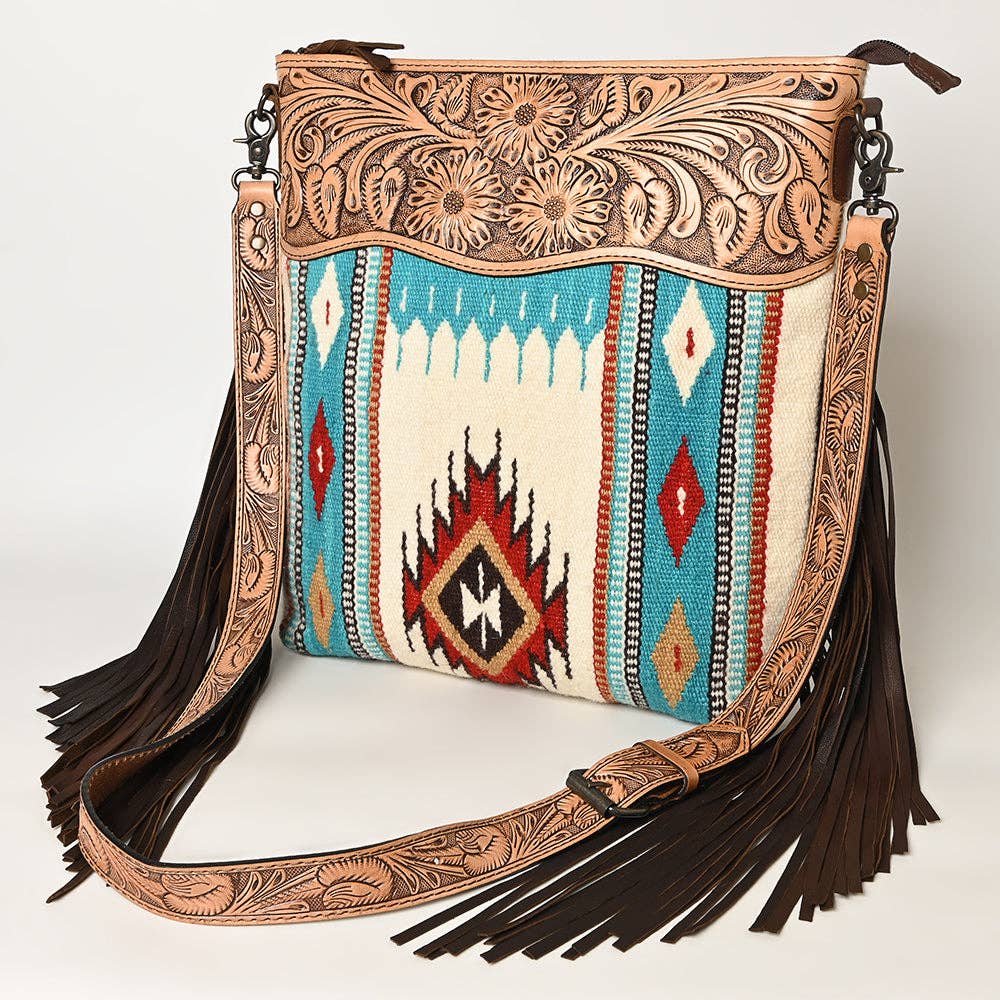Tooled Leather & Saddle Blanket Crossbody Bag Jolene Western Fringe Purse by American Darling