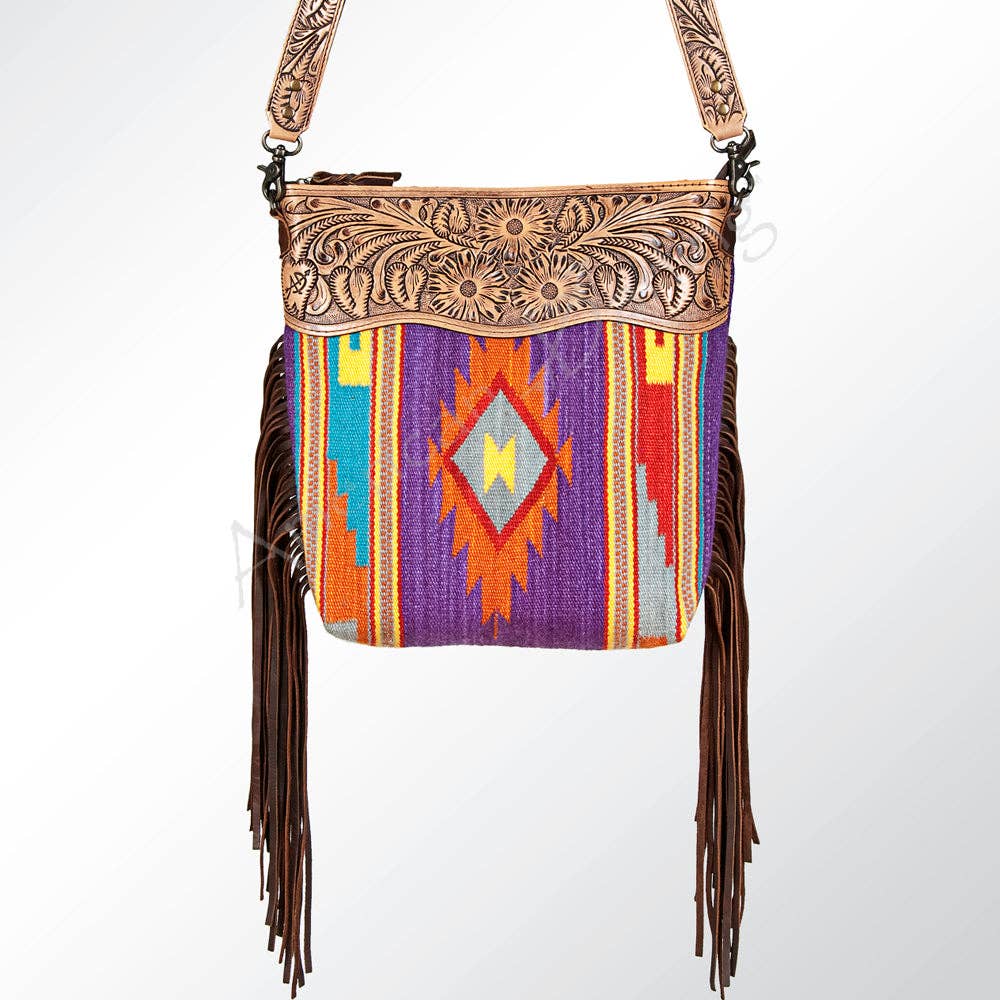 Tooled Leather & Saddle Blanket Crossbody Bag Jolene Western Fringe Purse by American Darling
