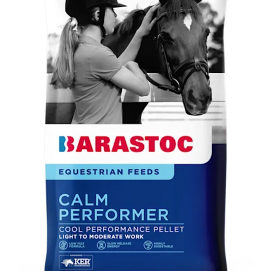 Barastoc calm performer equestrian feeds package with a person and horse on a white background