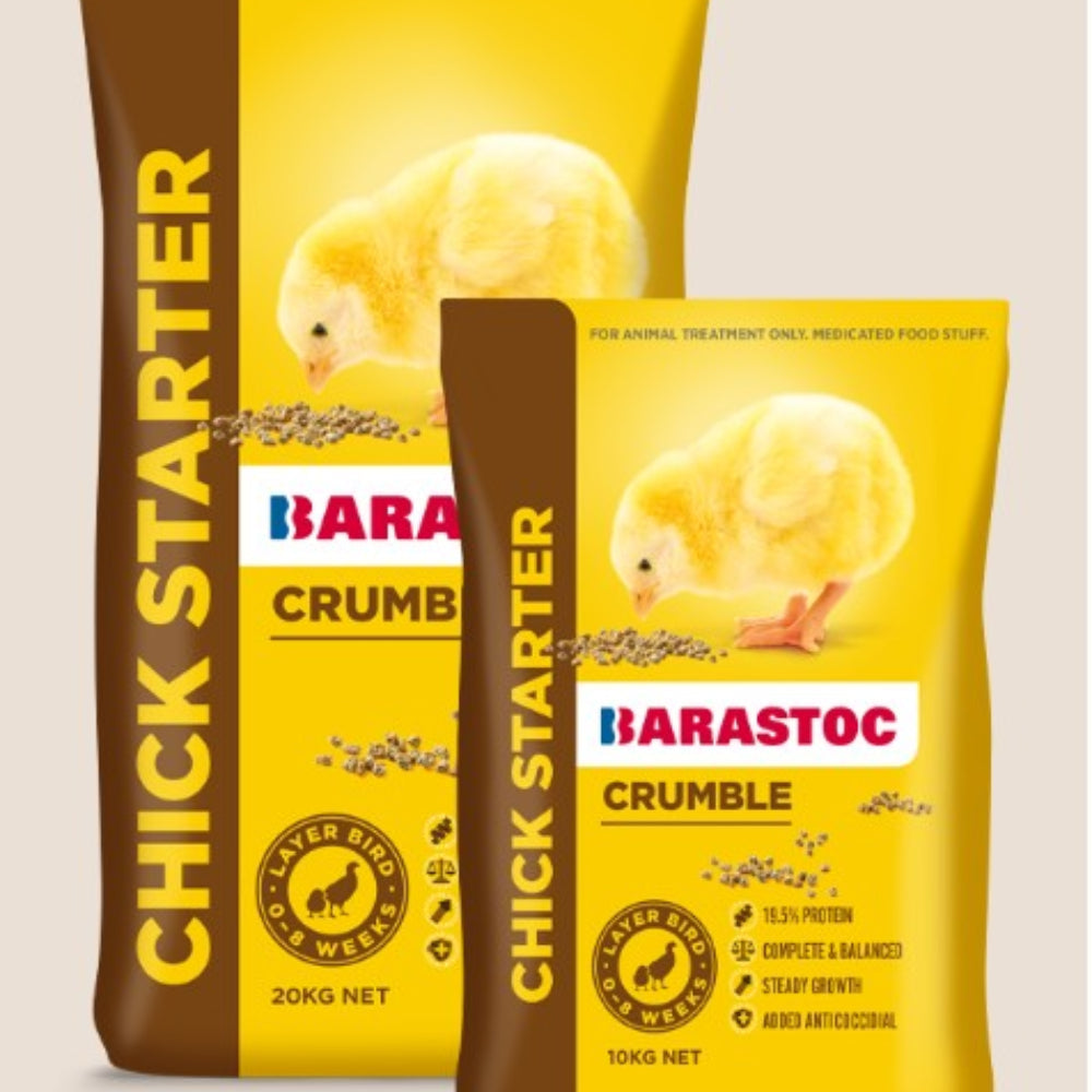 Two packages of Barastoc Chick Starter Crumble with chicks on a beige background
